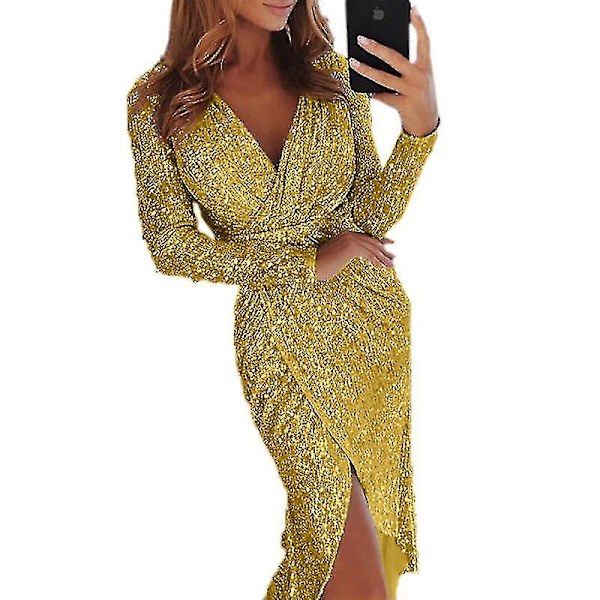 Elegant Sequin Glitter Festkjole Kvinder V-hals Bodycon Glitter Langærmet Damer Club Festkjole.L.Sort