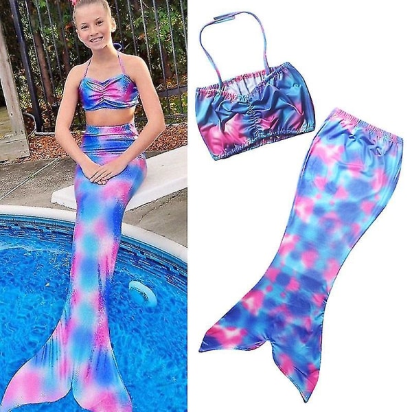 Barnflickor Sjöjungfru Stjärt Bikini Set Sommar Tie Dye Strandkläder Badkläder Baddräkt -allin.5-6 År.Blå Rosa