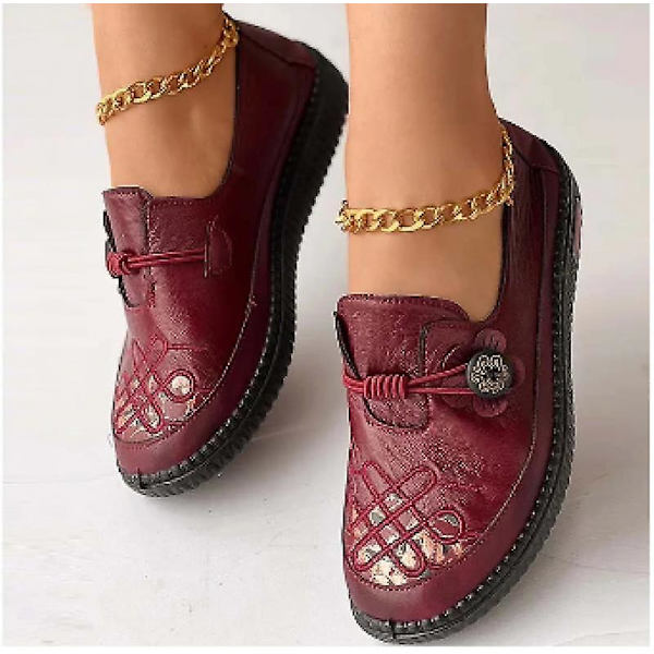 Dame flade slip-ons bløde sko komfort broderede sko daglige flade hæl runde tå elegante afslappede gummi loafer.40.