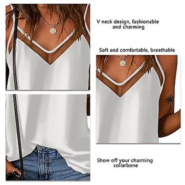 Dame Sommer Topp Casual Spaghetti Stropp Ermeløs V-hals Gjennomsiktig Mesh Ensfarget Skjorte Topp (M Hvit) White M