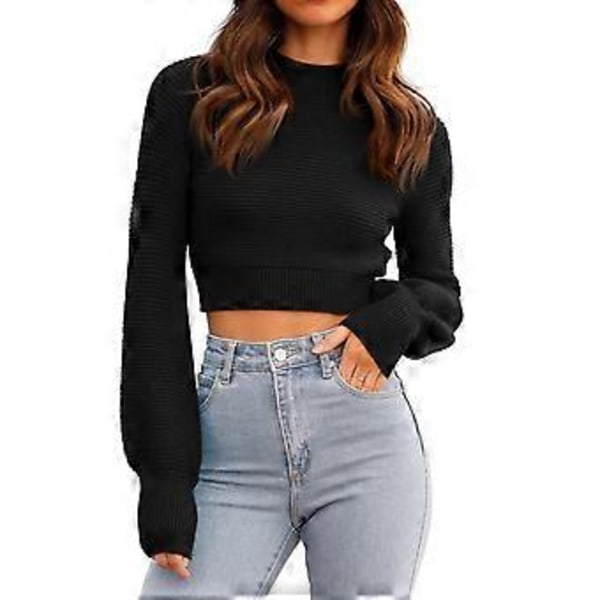 Damstickad Tröja Sexig Kort Modell Rund Hals Långärmad Sweatshirt Elegant Stickad Tröja (style150)