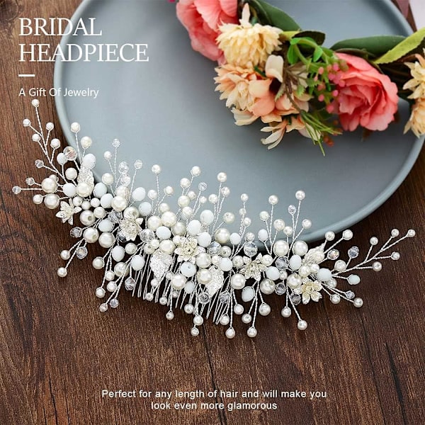 Brud bröllop hårkam diadem silver pärla hårprydnad brud hår