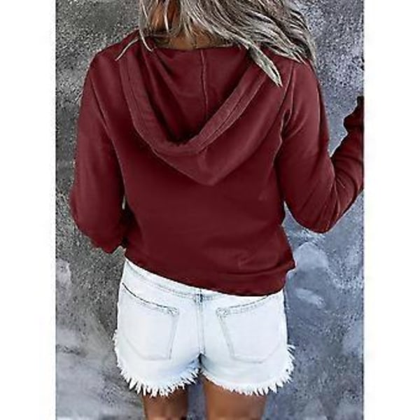 Dame Knap Front Hættetrøje Pullover Langærmet Efterår Vinter Sweatshirt Top SweaterM( style1904)