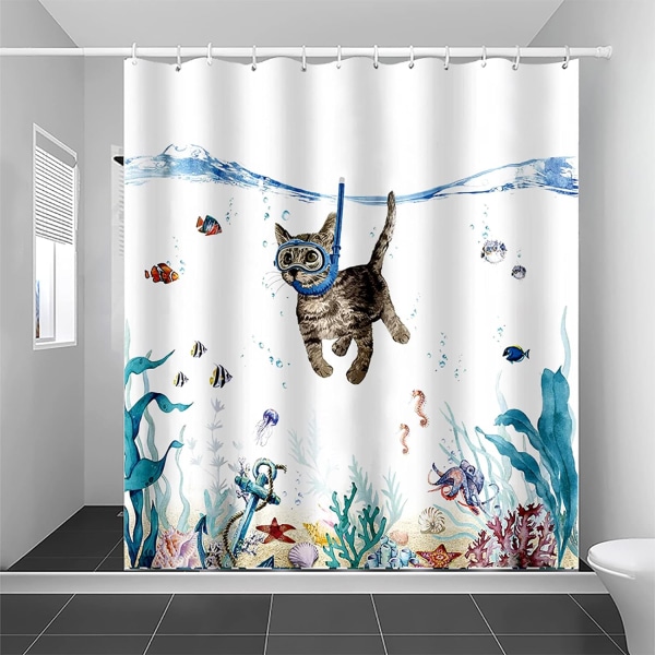 Suloinen kissa sukeltaa suihkuverho 180x180cm valtameri eläin tulostaa kylpy
