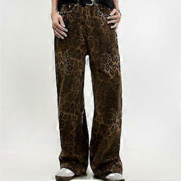 Leopard Print Denim Wide Leg Bukser til Kvinder - Oversized Bukser for et Stilfuldt Look M