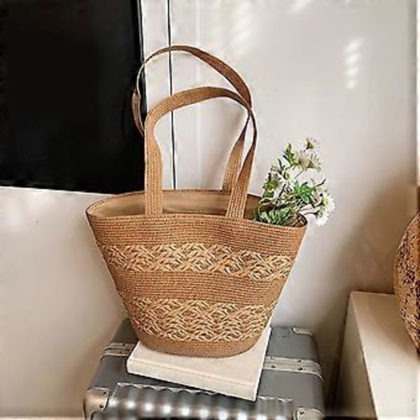 Käytännöllinen olkinen olkalaukku naisille, suuri tilavuus, käsilaukku ulkoiluun, luonnonystävän ja matkailijan laukku, khaki Khaki