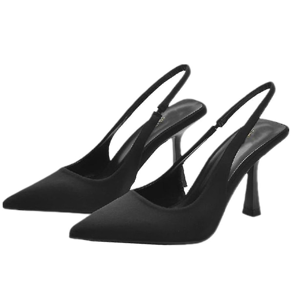 Dam Pointed Toe Klack Sandaler Fest Ankelrem Slingback Stiletto Höga Klackar Slip On Mules Skor.37.Svart