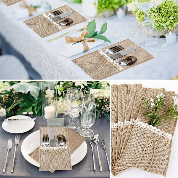 Bestickhållare Väska Canvas Jute Spets Bestick Påse Jute Gaffel Vin