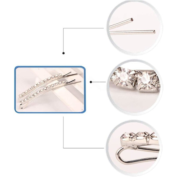 12-delad set med Diamante strass, silver metallhårklämmor, c