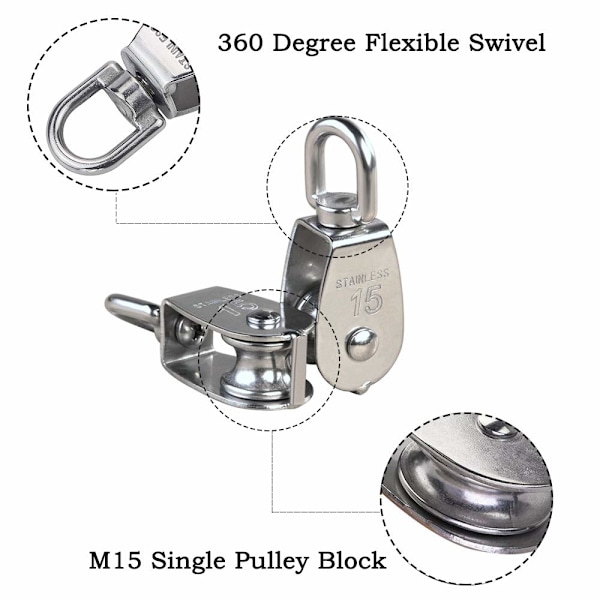 5 kappaletta M15 304 ruostumattomasta teräksestä valmistettua yksittäistä taljaa, 15 mm:n yksittäisveto