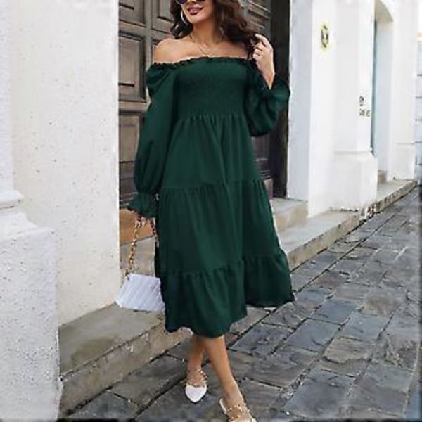 Dame Lanterne Langærmet Kjole Off Shoulder Bryst Rynket Flæseærme Ensfarvet Hem Kjole