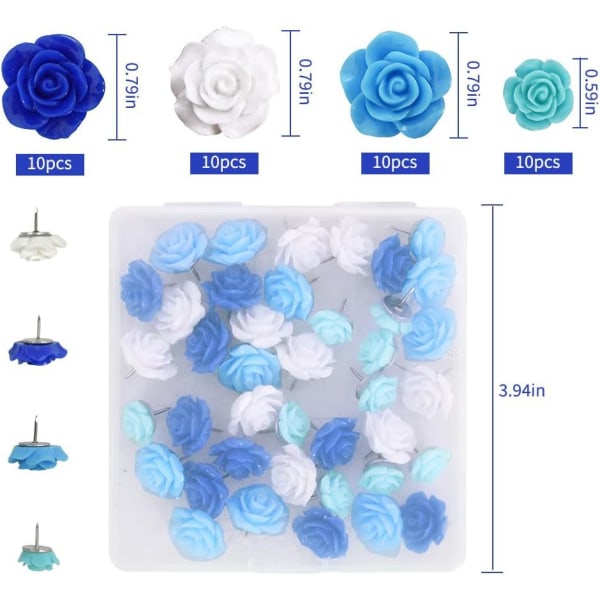 40 kpl Blue Flower Push Pins, Moniväriset Push Pins Söpö koriste