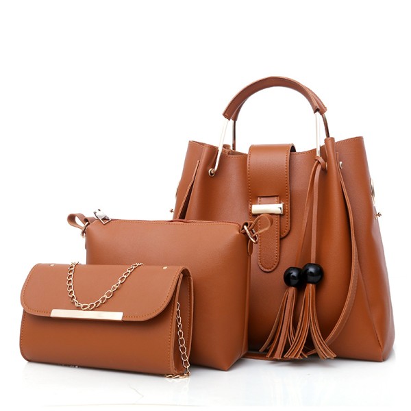 Brun 3-delt taskesæt PU læder håndtaske+håndtaske+skuldertaske, wo