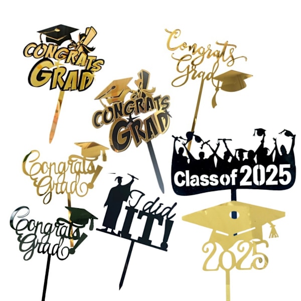 10 stycken 2025 studenttårtsdekoration, doktorandhatt tårtsdekoration, akryl tårtetikett, lämplig för studentfestfirande, svart, A
