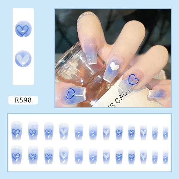24 pakke (blå) Korte pålimede mandel negle, kunstig nøgen med Fl