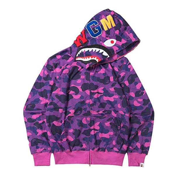 Shark Men&#39;s Casual Night Glow Camouflage Plush Hooded Sweater Jacket.2XL.Purple