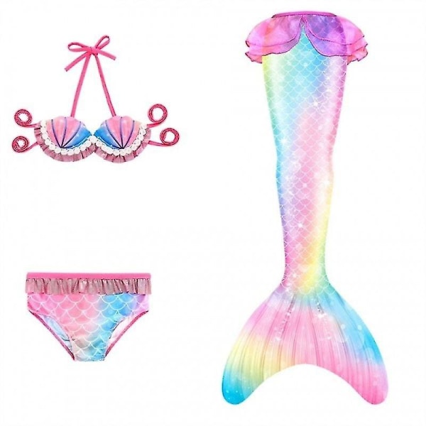 3/4 Piece Set Girls&#39; Swimwear Mermaid Tail Bikini Set Swim Children&#39;s Costumes -allin.100.3piece set without flippers