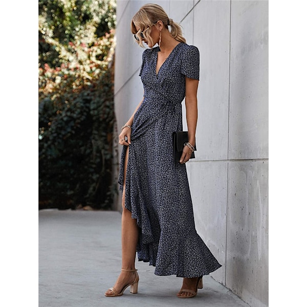 Sommer Wrap Maxi Kjole til Kvinder Casual Boho Blomster V-hals Kort Ærme