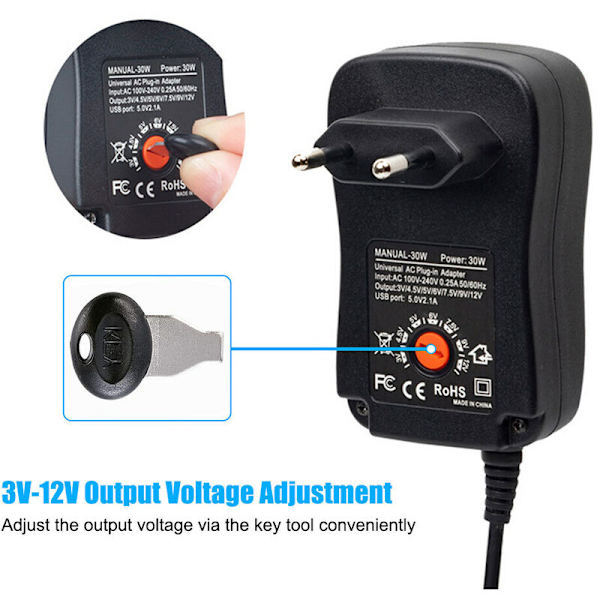 Universell AC till DC 30W nätadapter med USB-port