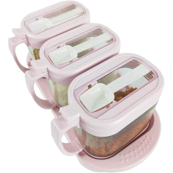 (Pink farve) 3 stk./sæt med bakke  Transparent glas krydderiglas