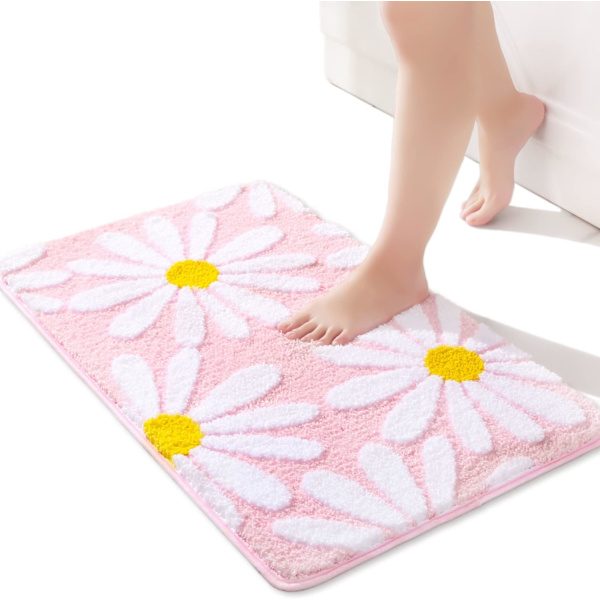 Rosa badrumsmattor söta prästkrage badmatta vit och gul blomma dekormatta halkfri golvmatta mikrofiber badmatta superabsorberande maskintvättbar badkarsmattor för dusch, badkar, sovrum 16\"x 24\"