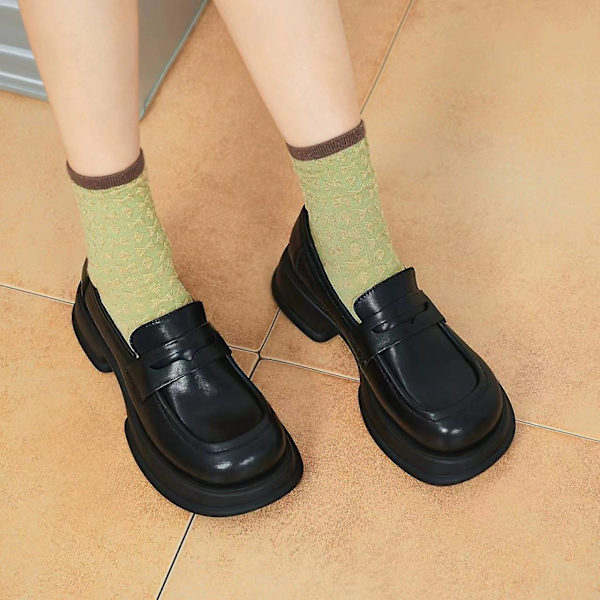 Kvinders Oxford Forår Efterår Casual Platform Sko Sort Læder Loafer Sko.39.