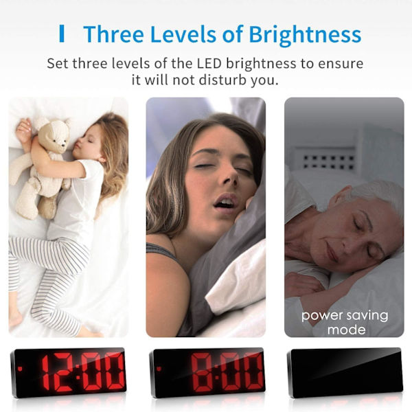Digital väckarklocka, digital klocka med 3 ljusstyrkenivåer, elektronisk väckarklocka drivs av USB eller 3 AAA-batterier (ingår ej), snooze-väckarklocka med ljudkontroll och LED-display