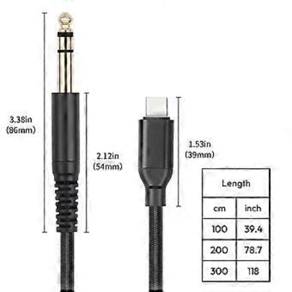 USB C - 6,35 mm:n TRS-sovitinkaapeli, tyyppi C - 6,35 mm:n (1/4\") TRS-kaapeli sähkökitaralle, rummulle, pituus 1 m / 2 m / 3,0 m 2m