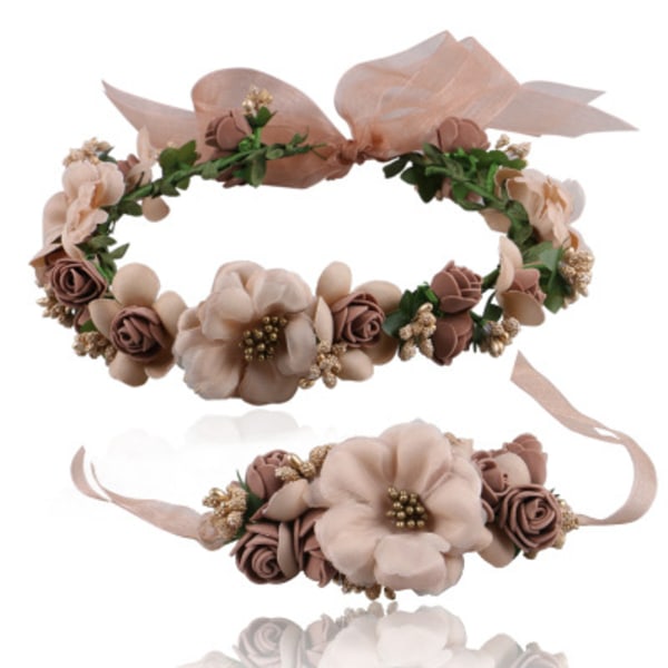 2-delt sett med blomsterkrans hodeplagg og armbånd, justerbar blomsterkrans med blomsterarmbånd, egnet for bryllupsfester (kaffe farge)