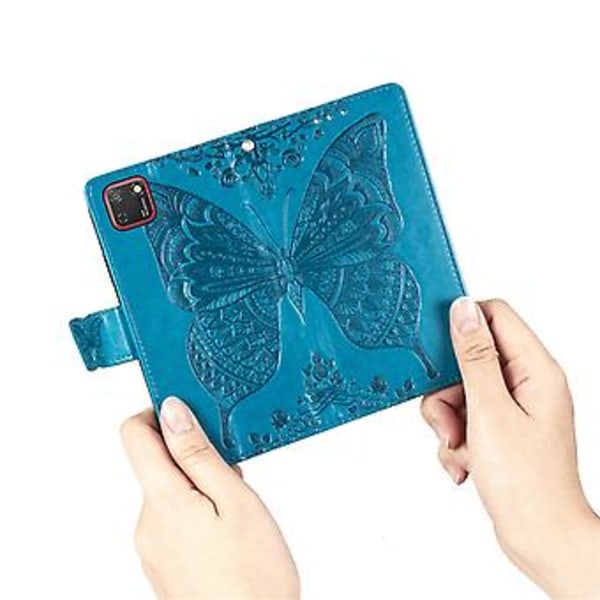 För Huawei Y5P 2020 Fjäril Kärlek Blomma Präglat Horisontellt Flip Läderfodral med Ställ / Kortplats / Plånbok / Snodd Blue