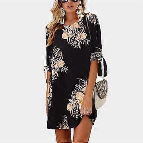 Sort 2XL Kjole med blomsterprint, rund hals, halvt ærme, over knælængde, sommerkjole