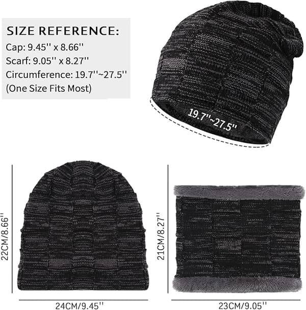 Vinterhue og halstørklæde sæt til mænd, varme strikhuer - sort skull cap