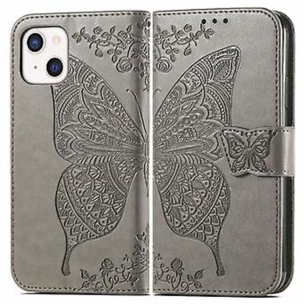 Fjäril Kärlek Blomma Läderfodral För iPhone 13 mini Grey