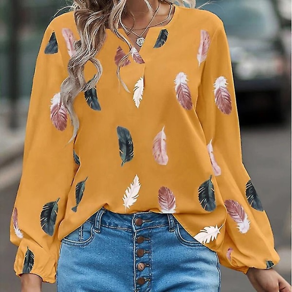Naisten T-paita pitkähihainen T-paita V-kaula-aukolla löysä tunikapusero Print Topit Peacock.M.Yellow