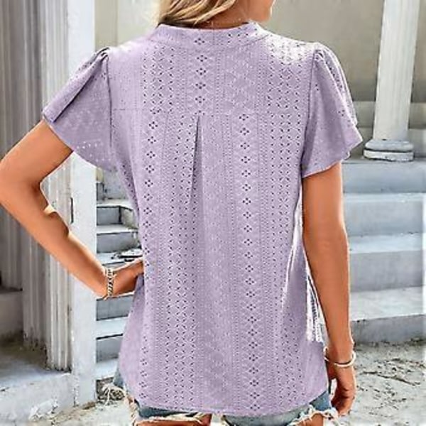 Lilla XL Hul Ruffle Erme Bluse V-hals Ensfarget Kortermet Bluse Topp for Kvinner Dame Jente