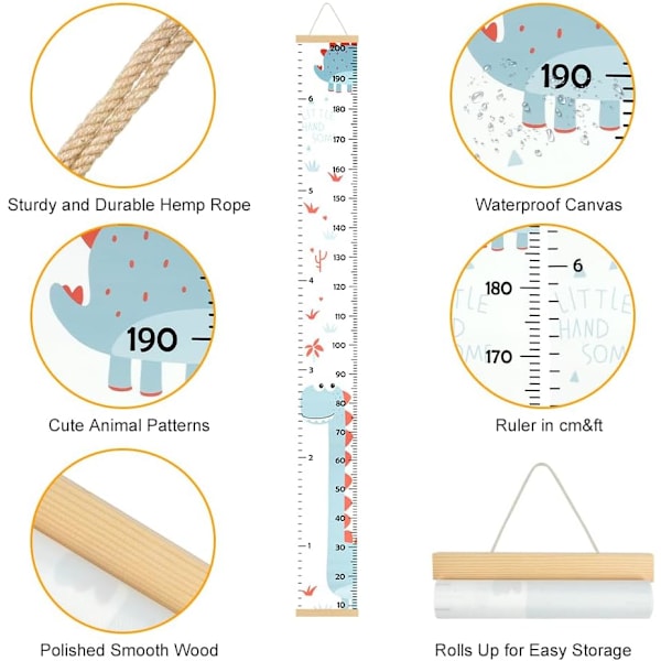 Baby høydevekstdiagram, lerret og tre baby målebånd, veggdekorasjon for jenter og gutter soverom - dinosaur