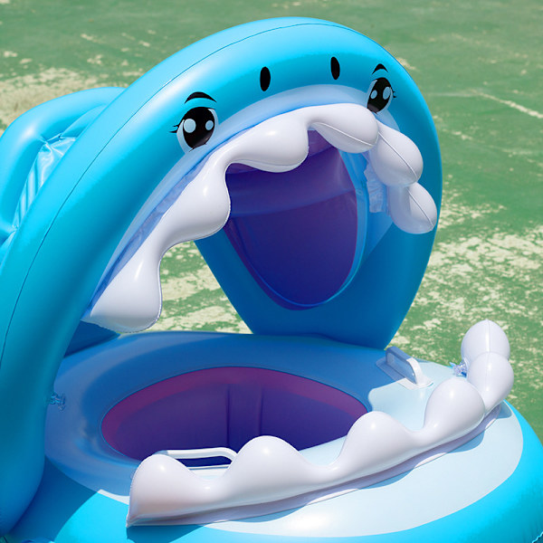 Baby Pool Seat Shark Flytande Simring, Barn Uppblåsbar Pool Boj med Justerbar Uppblåsbar Baldakin för 6-36 Månader Baby