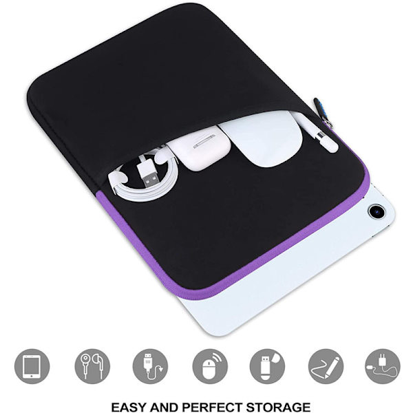 Tablet Sleeve Taske med Tilbehørslomme, Sort+Lilla til 12.9