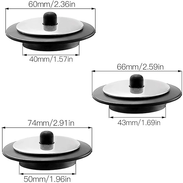 Sort - Sæt med 3 gummipropper til vask med kuglekæde 40mm/43mm/50m