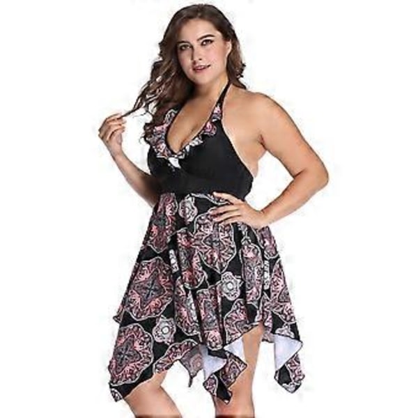 Tankini-badedrakt med blomsterprint og volangkant for damer i store størrelser, 2-delt badedrakt - Svart (style5574)