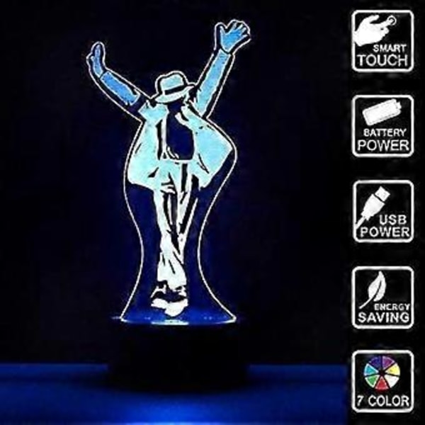Michael Jackson Samlerobjekt 3D Illusionslampe med 7-farvet LED Natlys Touch Kontrol