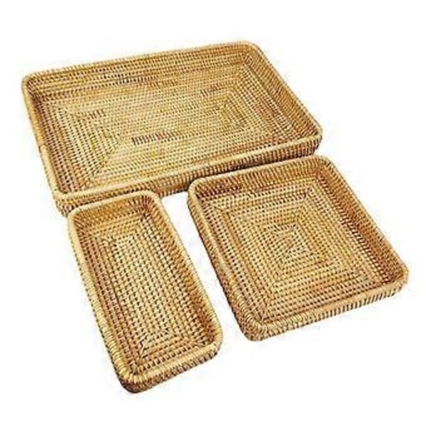 Rattanbricka Bordsskiva Organisation Handvävd Snacksförvaringskorg Multifunktionell Serveringsbricka 3 st Set