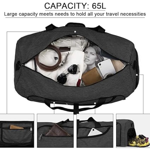 65L Black , Foldable Duffle Bag Men Water Resistant Large Lightw