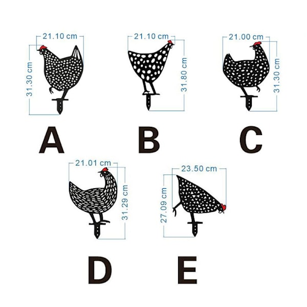 Sett med 5 metallhagefigurer - Hønsedesign - Håndlaget - Hagedekor