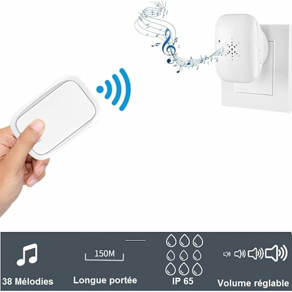 Langaton ja paristoton ovikello ulkokäyttöön, vedenkestävä IP 65, lumi ja sade