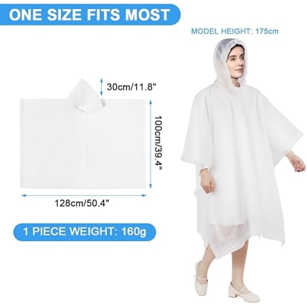 2 vattentäta ponchos för vuxna, återanvändbar poncho, EVA regnponcho, lätt vattentät regnjacka med huva, för camping, vandringsturer, vit