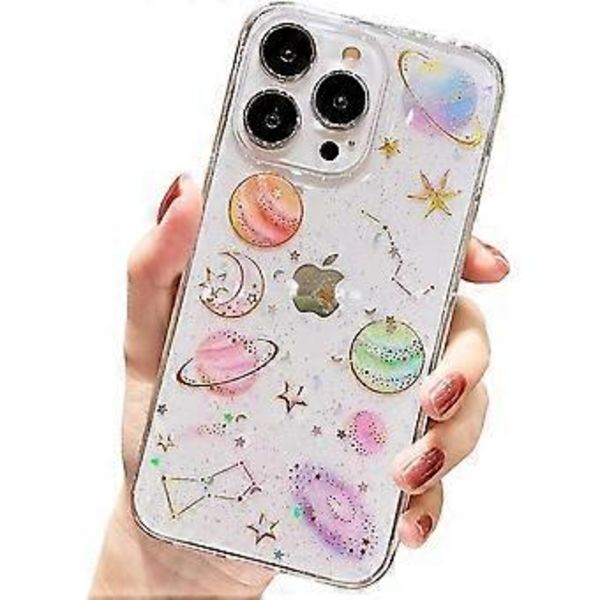 Fodral för iPhone 12 Pro Sött, Genomskinligt Glitter Planet Stjärna Rymddesign Transparent Fodral Glittrande Slim Mjukt TUP Skyddande Dam Flickor Telefonskal fo
