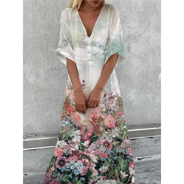 Kvinders Marmorering Blomster Print Casual Kjole Swing Kjole Boho Kjole Lang Kjole Maxi Kjole Grøn Blå Gul Halv Ærme-happygo.XL.Gul