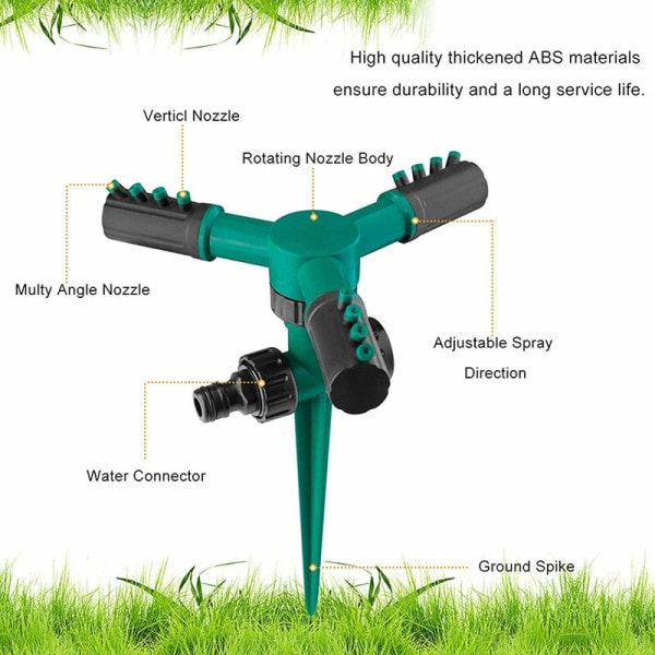 Grön cirkulär sprinkler gräsmatta sprinkler, trädgårdsspruta jämn bevattning 360° roterande sprinkler 3 arm sprinkler gräsmatta bevattningssystem