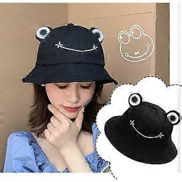 Fiskarhatt för damer med groda, unisex bucket-hatt, hopfällbar för utomhusbruk under sommaren, för camping, vandring, fiske, svart